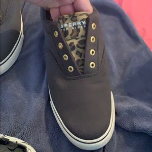 Leopard/Cheetah Black Sperry Canvas Slip-On Shoes
